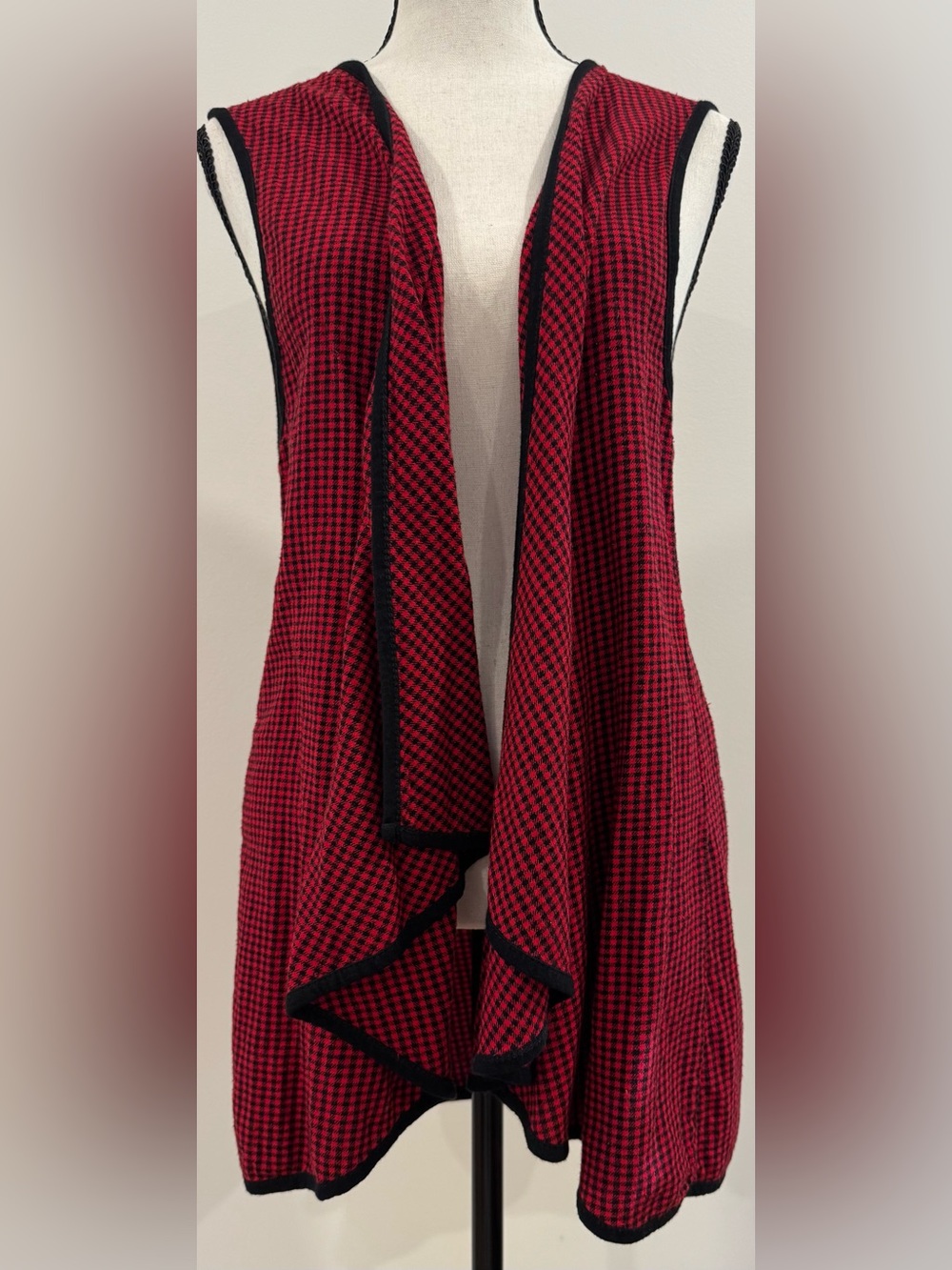 Vintage 90s Houndstooth Open Front Cotton Sweater Vest Red Black Large USA